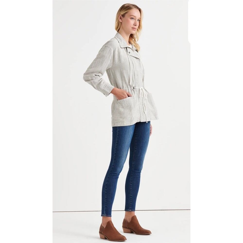 Lucky Brand Women’s Large Blue Striped Utility Jacket 100% Linen Preppy Gorpcore - Picture 2 of 10